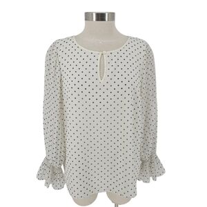Talbots Blouse Off White Polka Dot Gathered Long Sleeve Keyhole Top Petite PL